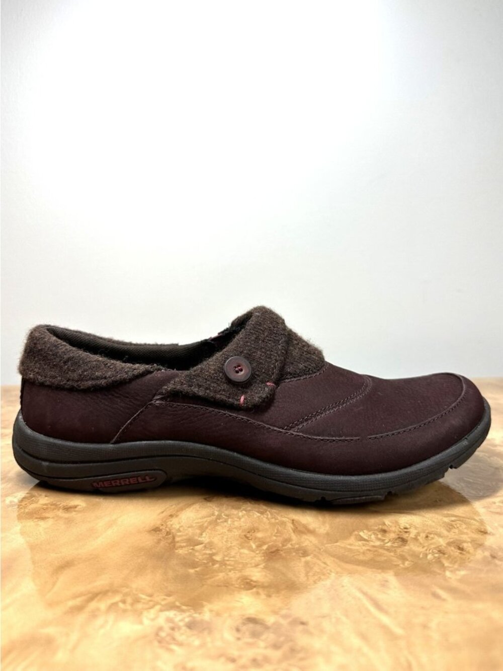 Merrell Andorra Womens 8.5 Burgundy Leather Wool Slip On Walking Shoes
